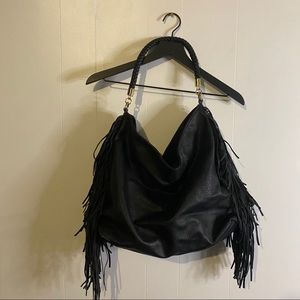 Black Leather Fringed Slouchy Hobo Bag